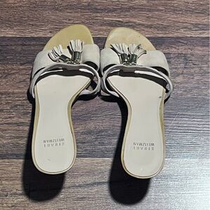 STUART WEITZMAN Tan Suede Patent Leather Tassel Kitten Heel Sandals Mules 9M